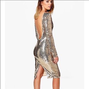 Gold Sequin Cocktail Midi Dress